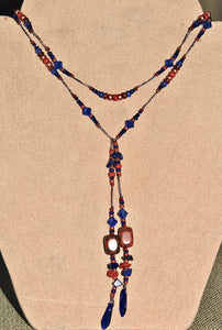 Deep Red and Cobalt Blue Glass Lariat with Red Creek Jasper Stones #N5002