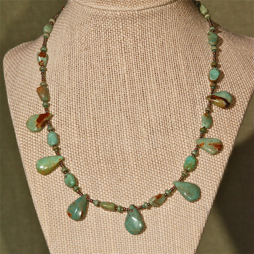 Green Turquoise Necklace with drops, 15