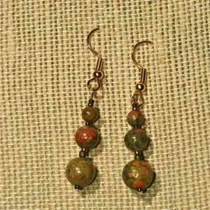 Unakite Earrings with 3 round beads