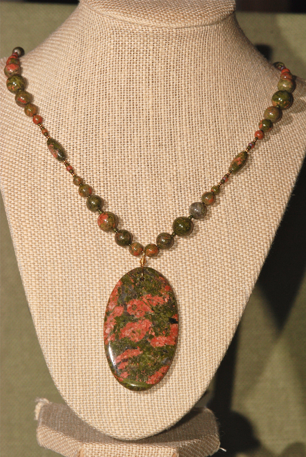 Unakite long necklace with large oval pendant - 3030N