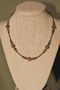 Unakite necklace with rounds in groups of 5, 15"